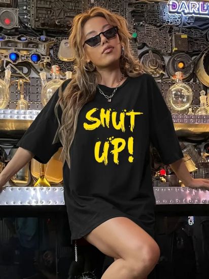 Baskılı Oversize Bisiklet Yaka T-shirt - Siyah resmi